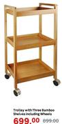 Trolley With Three Bamboo Shelves Including Wheels