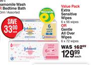 Johnson's Value Pack Extra Sensitive Wipes 6 x 56 Wipes Or Gentle All Over Wipes 6 x 72 Wipes-Each