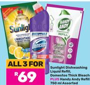 Sunlight Dishwashing Liquid Refill, Domestos Thick Bleach Plus Handy Andy Refill Assorted-ForAll 3