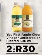 You First Apple Cider Vinegar Unfiltered Or Filtered-For 2 x 500ml