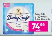 Baby Soft 2 Ply White Toilet Tissue-9's Pack Each