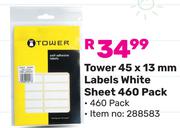 Tower 45 x 13mm Labels White Sheet (460 Pack) 288583