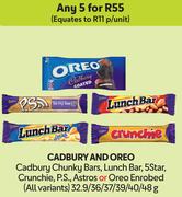 Cadbury Chunky Bars, Lunch Bar, 5Star Crunchie, P.S., Astros Or Oreo Enrobed-For Any 5 x 32.9/36/37g