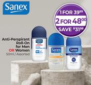 Sanex Anti Perspirant Roll On For Men Or Women Assorted-For 2 x 50ml