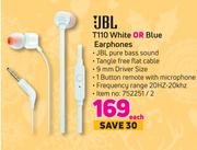 JBL T110 White Or Blue Earphones-Each