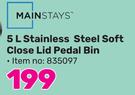 Mainstays 5L Stainless Steel Soft Close Lid Pedal Bin