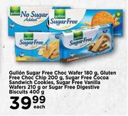 Gullon Sugar Free Choc Wafer 180g, Gluten Free Choc Chip 200g, Sugar Free Cocoa Sandwich Cookies-EA