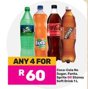 Coca-Cola No Sugar, Fanta, Sprite Or Stoney Soft Drink-For Any 4 x 1Ltr