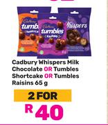 Cadbury Whispers Milk Chocolate Or Tumbles Shortcake Or Tumbles Raisins-For 2 x 65g