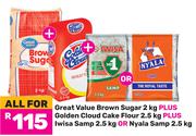 Great Value Brown Sugar 2kg, Golden Cloud Cake Flour 2.5kg & Iwisa Samp Or Nyala Samp 2.5kg-For All