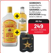 Gordon's London Dry Gin 750ml Plus Savanna Dry NRBs 6x330ml Plus Rockstar Energy Drink 4x500ml-All 