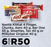 Nestle Kitkat 4 Finger,Chunky,Aero 40g,Bar One 55g,Smarties,Tex 40g Or Milybar Original 40g-For 6