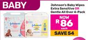 Johnson's Baby Wipes Extra Sensitive Or Gentle All Over 4 Pack-Each