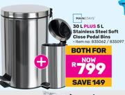 Mainstays 30Ltr Plus 5Ltr Stainless Steel Soft Close Pedal Bins-For Both