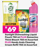 Sunlight Dishwashing Liquid Pouch 750ml+Domestos Thick Bleach 750ml-For Any 3