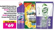 Sunlight Dishwashing Liquid Refill 750ml Plus Domestos Thick Bleach 750ml Plus others-For All 3