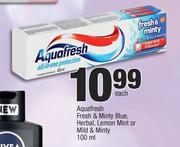 Aquafresh Fresh & Minty Blue, Herbal, Lemon Mint Or Mild & Minty-100ml Each