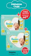 Pampers Premium Care Nappies Value Pack 2 x Sizes 1-2-Per Pack