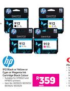HP 912 Black Or Yellow Or Cyan Or Magenta Ink Cartridge Black Colour-Each