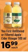 You First Unfiltered Or Filtered Apple Cider Vinegar-500ml Each