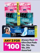 Always Maxi Or Ultra Duo Pads Assorted-For Any 3 x 12s, 14s, 16s, 18s, 20s