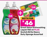 Great Value Dishwashing Liquid 750ml Plus Scotch Brite Heavy Duty Sponge Assorted-For Both