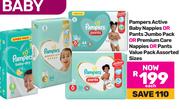 Pampers Active Baby Nappies Or Pants Jumbo Pack Or Premium Care Nappies Or Pants Value Pack-Each