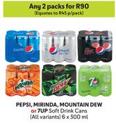 Pepsi, Mirinda, Mountain Dew Or 7up Soft Drink Cans (All Variants)-For 2 x 6 x 300ml