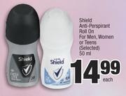 Shield Anti Perspirant Roll On For Men, Women Or Teens (Selected)-50ml Each