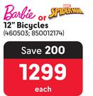 Barbie Or Spiderman 12" Bicycles-Each