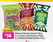 Willards Monster Munch 100g & Jumpin Jack Popcorn 100g & Willards Diddle Daddle 150g-For All 3