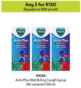 Vicks Acta Plus Wet & Dry Cough Syrup (All Variants)-For Any 3 x 100ml