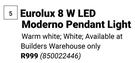 Eurolux 8W LED Moderno Pendant Light Warm White