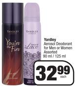 Yardley Aerosol Deodorant For Men Or Women Assorted-90ml/125ml Each