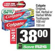 Colgate Original,Gel,Herbal Or Herbal White Toothpaste-For 2 x 100ml/150ml