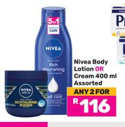 Nivea Body Lotion Or Cream Assorted-For 2 x 400ml