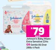 Johnsons's Baby Wipes Extra Sensitive 224s Or Gentle All Over 288s-4 Pack Each