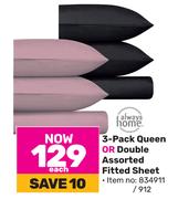 Always Home 3-Pack Queen Or Double Assorted Fitted Sheet-Each