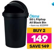 Otima 50Ltr Fliptop All Black Bin-For 2 