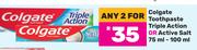 Colgate Toothpaste (Triple Action Or Active Salt)-For Any 2 x 75ml/100ml