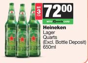 Heineken Lager Quarts (Excl Bottle Deposit)-For 3 x 650ml