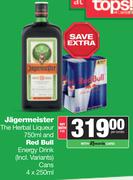 Jagermeister The Herbal Liqueur 750ml & Red Bull Energy Drink Cans 4 x 250ml-For Both Per Combo