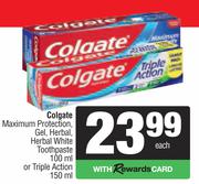 Colgate Maximum Protection Gel,Herbal White Toothpaste 100ml Or Triple Action 150ml