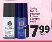 Yardley Roll On Deodorant For Men (Selected)-50ml Each
