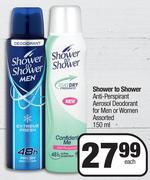 Shower To Shower Anti Perspirant Aerosol Deodorant For Men Or Women Assorted-150ml Each