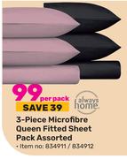 Always Home 3 Piece Microfibre Queen Fitted Sheet Pack Assorted-Per Pack
