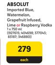 Absolut Imported Blue, Watermelon, Grapefruit Infused, Lime Or Raspberry Vodka-750ml Each