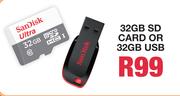 Sandisk 32GB SD Card Or 32GB USB-Each