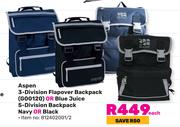 Aspen 3-Divison Flapover Backpack G00120 Or Blue Juice 5-Divison Backpack (Navy Or Black)-Each