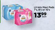 Lil-Lets Maxi Pads-7's, 8's Or 10's Each
